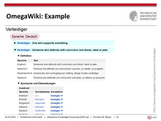 20.10.2015 | Fachbereich Informatik | Ubiquitous Knowledge Processing (UKP) Lab | Christian M. Meyer | 25
OmegaWiki: Example
http://www.omegawiki.org/Expression:Verteidiger
 