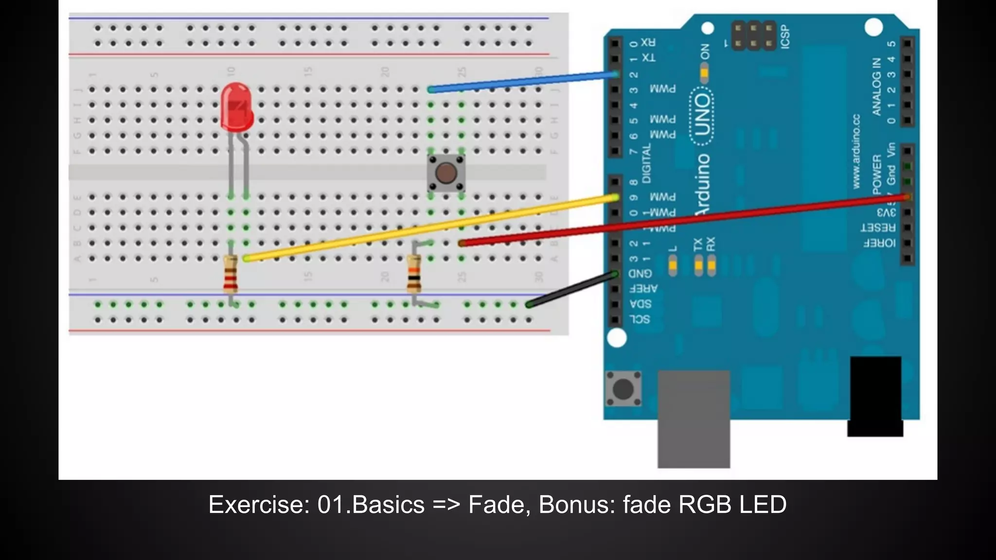 Exercise: 01.Basics => Fade, Bonus: fade RGB LED
 