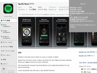 Confidential l Property of App Annie l Do Not Disclose l © App Annie 201450
[Music]
無料会員 7500万
有料会員 2000万
世界の60か国で展開
世界最大規模のストリーミングサービ
ス
6月に電通デジタルが出資
評価額は85億3000万ドル
70%を権利者に戻すビジネスモデル
日本ストアアカウントではダウンロード
できない
 