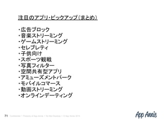 Confidential l Property of App Annie l Do Not Disclose l © App Annie 201471
注目のアプリ・ピックアップ（まとめ）
・広告ブロック
・音楽ストリーミング
・ゲームストリーミング
・セレブレティ
・子供向け
・スポーツ観戦
・写真フィルター
・空間共有型アプリ
・アミューズメントパーク
・モバイルコマース
・動画ストリーミング
・オンラインデーティング
 