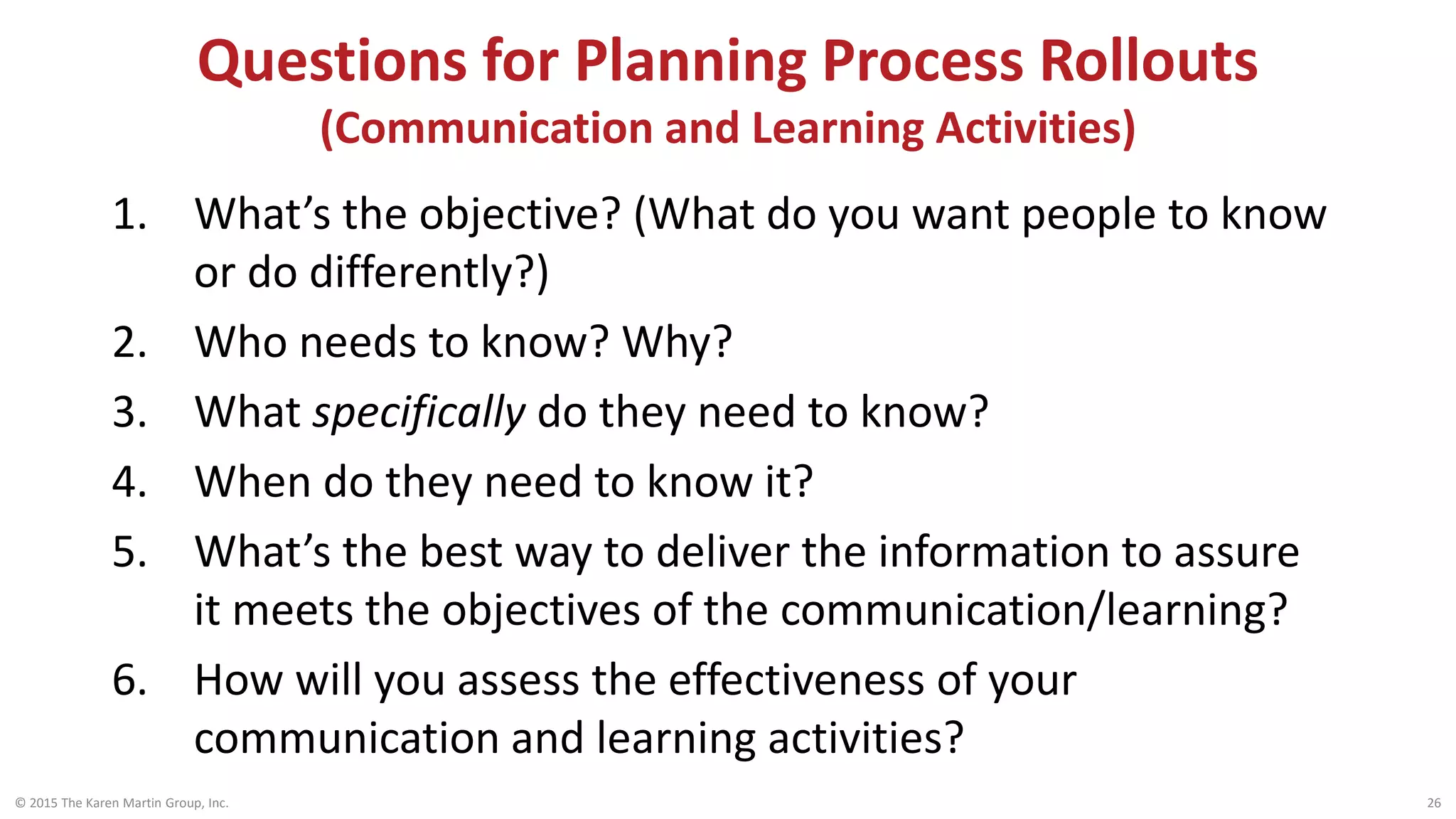 Questions for Planning Process Rollouts
(Communication and Learning Activities)
© 2015 The Karen Martin Group, Inc. 26
1. What’s the objective? (What do you want people to know
or do differently?)
2. Who needs to know? Why?
3. What specifically do they need to know?
4. When do they need to know it?
5. What’s the best way to deliver the information to assure
it meets the objectives of the communication/learning?
6. How will you assess the effectiveness of your
communication and learning activities?
 