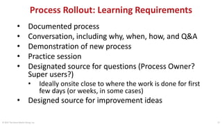 Process Rollout: Learning Requirements
© 2015 The Karen Martin Group, Inc. 27
• Documented process
• Conversation, including why, when, how, and Q&A
• Demonstration of new process
• Practice session
• Designated source for questions (Process Owner?
Super users?)
• Ideally onsite close to where the work is done for first
few days (or weeks, in some cases)
• Designed source for improvement ideas
 