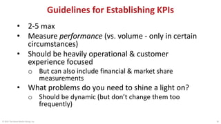 Guidelines for Establishing KPIs
© 2015 The Karen Martin Group, Inc. 36
• 2-5 max
• Measure performance (vs. volume - only in certain
circumstances)
• Should be heavily operational & customer
experience focused
o But can also include financial & market share
measurements
• What problems do you need to shine a light on?
o Should be dynamic (but don’t change them too
frequently)
 