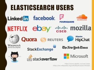 ELASTICSEARCH USERS
https://www.elastic.co/use-cases
https://en.wikipedia.org/wiki/Elasticsearch#Users
 