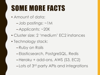 SOME MORE FACTS
• Amount of data:
–Job postings: ~1M
–Applicants: ~20K
• Cluster size: 2 ‘medium’ EC2 instances
• Technology stack:
–Ruby on Rails
–Elasticsearch, PostgreSQL, Redis
–Heroku + add-ons, AWS (S3, EC2)
–Lots of 3rd party APIs and integrations
 