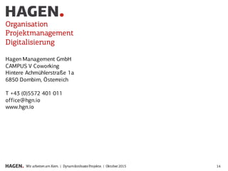 14Wir arbeitenam Kern. | Dynamikrobuste Projekte. | Oktober 2015
Hagen Management GmbH
CAMPUS V Coworking
Hintere Achmühlerstraße 1a
6850 Dornbirn, Österreich
T +43 (0)5572 401 011
office@hgn.io
www.hgn.io
Organisation
Projektmanagement
Digitalisierung
 