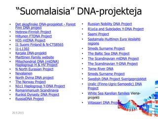 “Suomalaisia” DNA-projekteja
• Det skogfinske DNA-prosjektet - Forest
Finn DNA project
• Hebrew-Finnish Project
• Hiltunen...