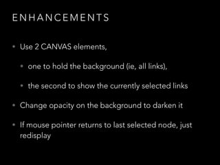 E N H A N C E M E N T S
• Use 2 CANVAS elements,
• one to hold the background (ie, all links),
• the second to show the currently selected links
• Change opacity on the background to darken it
• If mouse pointer returns to last selected node, just
redisplay
 