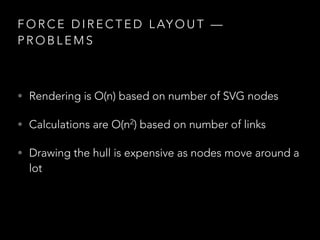 F O R C E D I R E C T E D L AY O U T —
P R O B L E M S
• Rendering is O(n) based on number of SVG nodes
• Calculations are O(n2
) based on number of links
• Drawing the hull is expensive as nodes move around a
lot
 