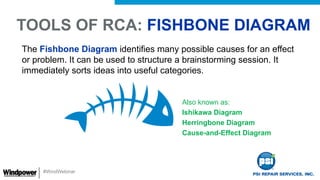 #WindWebinar
The Fishbone Diagram identifies many possible causes for an effect
or problem. It can be used to structure a ...