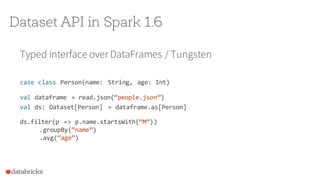 Dataset API in Spark 1.6
Typed interface over DataFrames / Tungsten
case  class Person(name:   String,  age:  Int)
val dat...