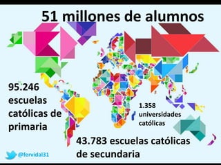 95.246
escuelas
católicas de
primaria
43.783 escuelas católicas
de secundaria
51 millones de alumnos
1.358
universidades
católicas
@fervidal31
 