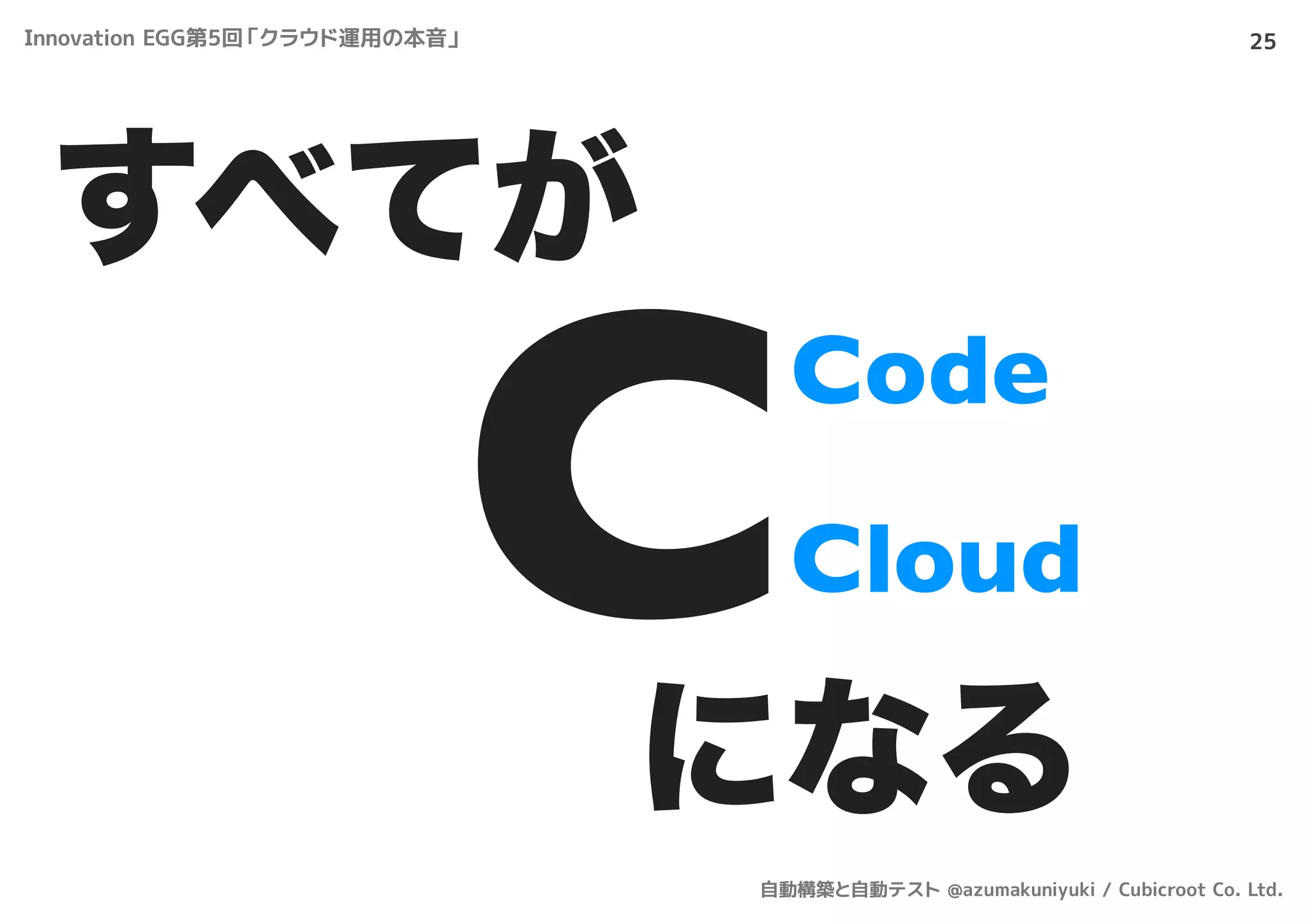 25
すべてが
になる
CCode
Cloud
Innovation EGG第5回「クラウド運用の本音」
自動構築と自動テスト @azumakuniyuki / Cubicroot Co. Ltd.
 