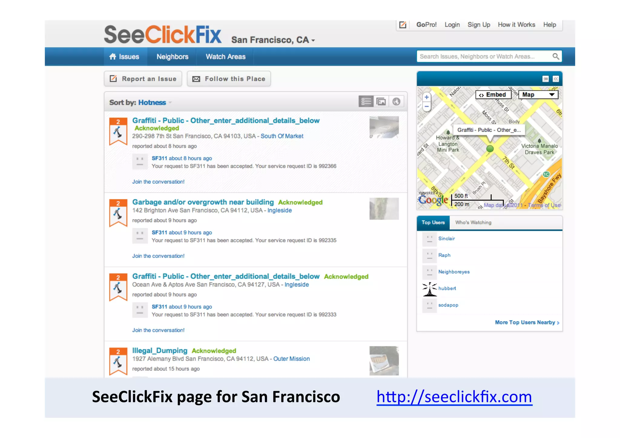 SeeClickFix	
  page	
  for	
  San	
  Francisco	
  	
  	
  	
  	
  	
  	
  	
  	
  hCp://seeclickﬁx.com	
  	
  
 