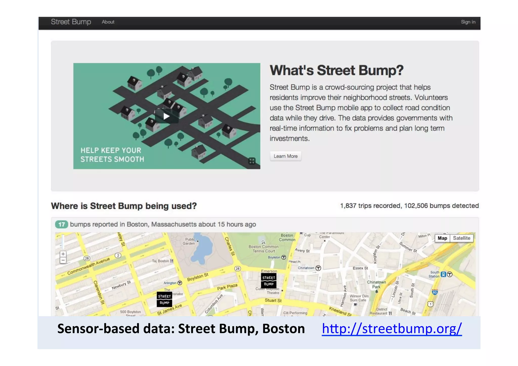 Sensor-­‐based	
  data:	
  Street	
  Bump,	
  Boston	
  	
  	
  	
  	
  hCp://streetbump.org/	
  
 