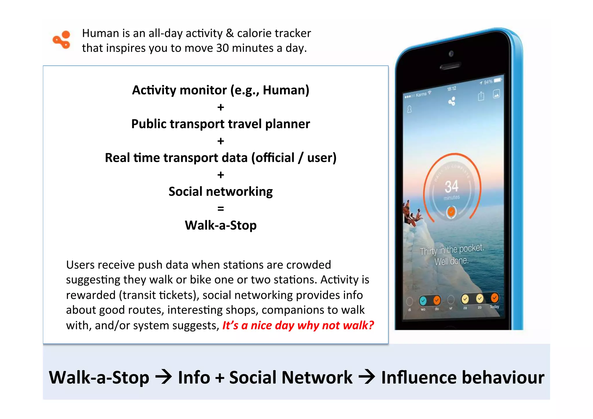 Walk-­‐a-­‐Stop	
  !	
  Info	
  +	
  Social	
  Network	
  !	
  Inﬂuence	
  behaviour	
  
Human	
  is	
  an	
  all-­‐day	
  acFvity	
  &	
  calorie	
  tracker	
  
that	
  inspires	
  you	
  to	
  move	
  30	
  minutes	
  a	
  day.	
  
Ac8vity	
  monitor	
  (e.g.,	
  Human)	
  
+	
  
Public	
  transport	
  travel	
  planner	
  
+	
  
Real	
  8me	
  transport	
  data	
  (oﬃcial	
  /	
  user)	
  
+	
  
Social	
  networking	
  
=	
  
Walk-­‐a-­‐Stop	
  
Users	
  receive	
  push	
  data	
  when	
  staFons	
  are	
  crowded	
  
suggesFng	
  they	
  walk	
  or	
  bike	
  one	
  or	
  two	
  staFons.	
  AcFvity	
  is	
  
rewarded	
  (transit	
  Fckets),	
  social	
  networking	
  provides	
  info	
  
about	
  good	
  routes,	
  interesFng	
  shops,	
  companions	
  to	
  walk	
  
with,	
  and/or	
  system	
  suggests,	
  It’s	
  a	
  nice	
  day	
  why	
  not	
  walk?	
  
 