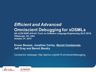 Erwan Bousse, Jonathan Corley, Benoit Combemale,
Jeff Gray and Benoit Baudry
Companion webpage: http://gemoc.org/sle15-omniscientdebugging
Efficient and Advanced
Omniscient Debugging for xDSMLs
8th ACM SIGPLAN Int'l Conf. on Software Language Engineering (SLE 2015)
Pittsburgh, PA, USA
October 27, 2015
 