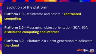 Evolution of the platform
Platform 1.0 - Mainframe and before : centralized
computing
Platform 2.0 - Messaging, object orientation, SOA, EDA :
distributed computing and internet
Platform 3.0 - Platform 2.0 + next-generation middleware :
the cloud
 