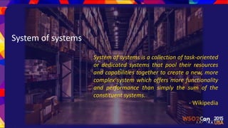 System of systems
System of systems is a collection of task-oriented
or dedicated systems that pool their resources
and capabilities together to create a new, more
complex system which offers more functionality
and performance than simply the sum of the
constituent systems.
- Wikipedia
 