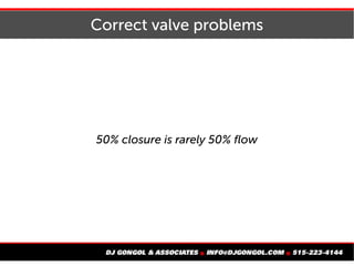 Correct valve problems
50% closure is rarely 50% flow
 