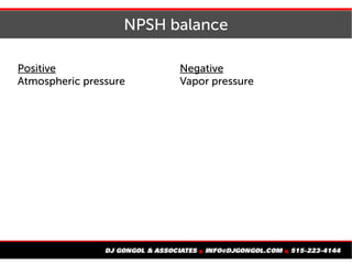 NPSH balance
Positive
Atmospheric pressure
Negative
Vapor pressure
 