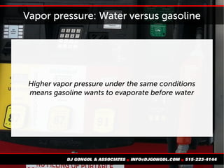 Vapor pressure: Water versus gasoline
Higher vapor pressure under the same conditions
means gasoline wants to evaporate before water
 