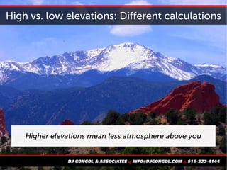 High vs. low elevations: Different calculations
Higher elevations mean less atmosphere above you
 