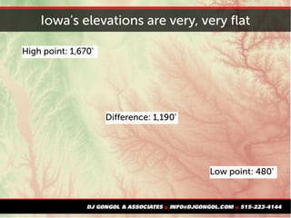 Iowa's elevations are very, very flat
Low point: 480'
High point: 1,670'
Difference: 1,190'
 