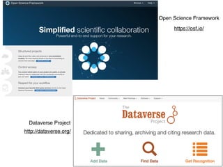 https://osf.io/
Open Science Framework
Dataverse Project
http://dataverse.org/
 