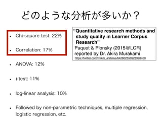 • Chi-square test: 22%
• Correlation: 17%
• ANOVA: 12%
• t-test: 11%
• log-linear analysis: 10%
• Followed by non-parametric techniques, multiple regression,
logistic regression, etc.
どのような分析が多いか？
“Quantitative research methods and
study quality in Learner Corpus
Research”
Paquot & Plonsky (2015@LCR)  
reported by Dr. Akira Murakami
https://twitter.com/mrkm_a/status/642802550928998400
 
