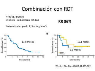 Combinación con RDT
Welsh; J Clin Oncol 2013;31:895-902
N=40 (17 EGFR+)
Erlotinib + radioterapia (35 Gy)
No toxicidades grado 4; 3 rash grado 3
11.8 meses
9.3 meses
19.1 meses
RR 86%
 