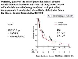 Pesce GA. Eur J Cancer. 2012 Feb;48(3):377–84.
N=59
RDT 30 G y+
• Gefitinib
• Temozolomida
OS:
6.3 m G
4.9 m T
No seleccionados por mutación
 