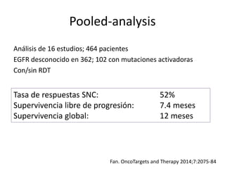 Pooled-analysis
Análisis de 16 estudios; 464 pacientes
EGFR desconocido en 362; 102 con mutaciones activadoras
Con/sin RDT
Fan. OncoTargets and Therapy 2014;7:2075-84
Tasa de respuestas SNC: 52%
Supervivencia libre de progresión: 7.4 meses
Supervivencia global: 12 meses
 