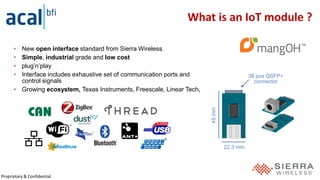 Proprietary & Confidential
• New open interface standard from Sierra Wireless
• Simple, industrial grade and low cost
• plug’n’play
• Interface includes exhaustive set of communication ports and
control signals
• Growing ecosystem, Texas Instruments, Freescale, Linear Tech,
What is an IoT module ?
22.3 mm
45mm
38 pos QSFP+
connector
 