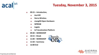 Proprietary & Confidential
Tuesday, November 3, 2015
09:15 – Introduction,
Acal BFi
Sierra Wireless
mangOH Open Hardware
WP8548
Legato
IoT Acceleration Platform
09:40 – WORKSHOP
10:15 – Break
11:00 – WORKSHOP
11:50 – Summary
12:00 End
 