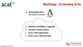 Proprietary & Confidential
Workshop : To Develop & Do
Monitor / Configure / Upgrade
Install on remote device
Start / Stop application
View / Use / Retreive data
Build Application
Develop & Compile
 