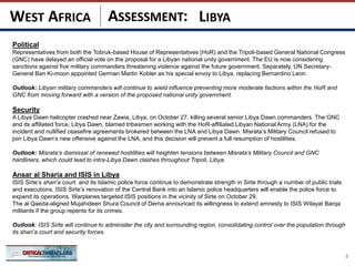 ASSESSMENT:
Political
Representatives from both the Tobruk-based House of Representatives (HoR) and the Tripoli-based General National Congress
(GNC) have delayed an official vote on the proposal for a Libyan national unity government. The EU is now considering
sanctions against five military commanders threatening violence against the future government. Separately, UN Secretary-
General Ban Ki-moon appointed German Martin Kobler as his special envoy to Libya, replacing Bernardino Leon.
Outlook: Libyan military commanders will continue to wield influence preventing more moderate factions within the HoR and
GNC from moving forward with a version of the proposed national unity government.
Security
A Libya Dawn helicopter crashed near Zawia, Libya, on October 27, killing several senior Libya Dawn commanders. The GNC
and its affiliated force, Libya Dawn, blamed tribesmen working with the HoR-affiliated Libyan National Army (LNA) for the
incident and nullified ceasefire agreements brokered between the LNA and Libya Dawn. Misrata’s Military Council refused to
join Libya Dawn’s new offensive against the LNA, and this decision will prevent a full resumption of hostilities.
Outlook: Misrata’s dismissal of renewed hostilities will heighten tensions between Misrata’s Military Council and GNC
hardliners, which could lead to intra-Libya Dawn clashes throughout Tripoli, Libya.
Ansar al Sharia and ISIS in Libya
ISIS Sirte’s shari’a court and its Islamic police force continue to demonstrate strength in Sirte through a number of public trials
and executions. ISIS Sirte’s renovation of the Central Bank into an Islamic police headquarters will enable the police force to
expand its operations. Warplanes targeted ISIS positions in the vicinity of Sirte on October 29.
The al Qaeda-aligned Mujahideen Shura Council of Derna announced its willingness to extend amnesty to ISIS Wilayat Barqa
militants if the group repents for its crimes.
Outlook: ISIS Sirte will continue to administer the city and surrounding region, consolidating control over the population through
its shari’a court and security forces.
8
LIBYAWEST AFRICA
 