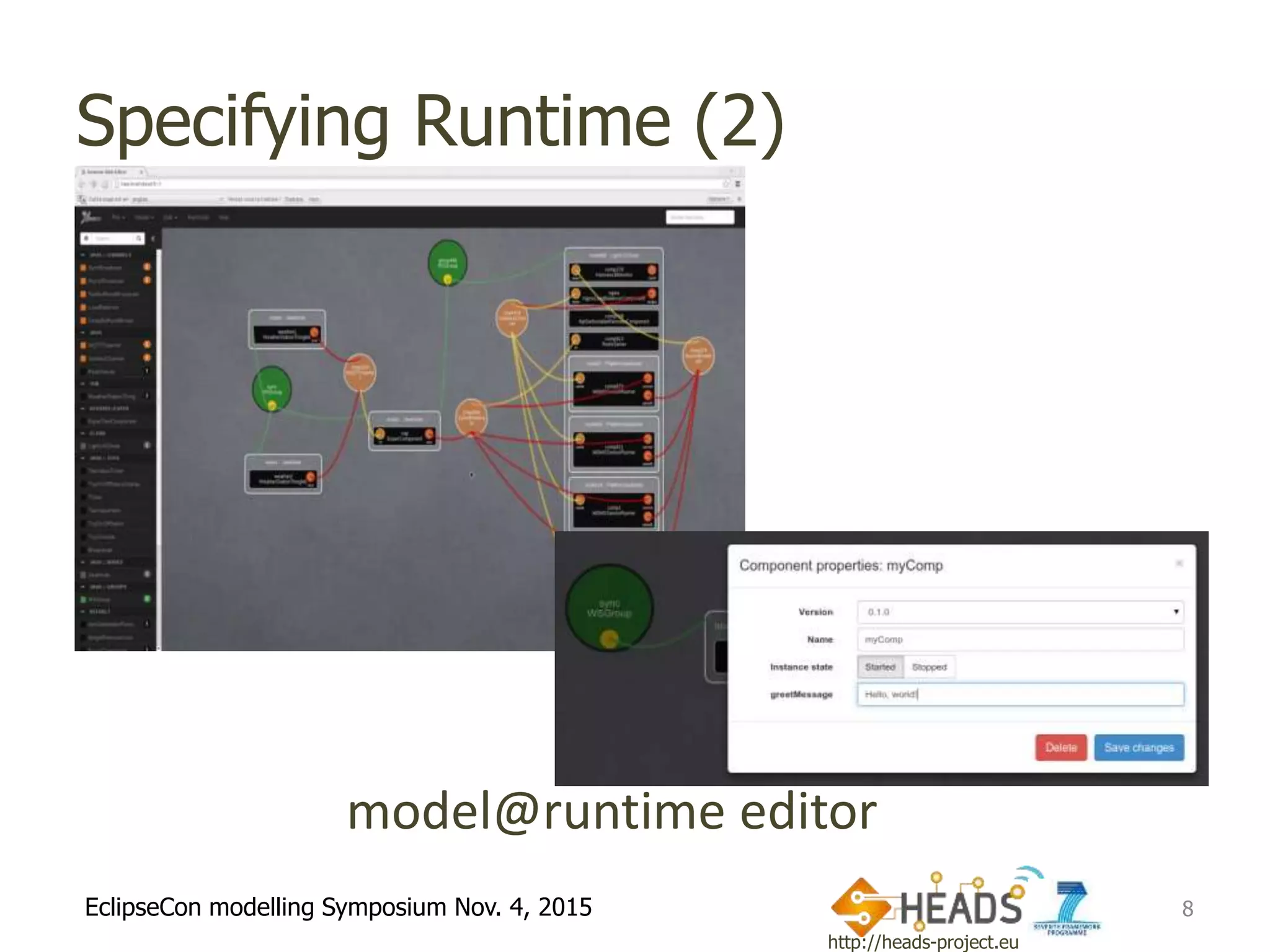 http://heads-project.eu
EclipseCon modelling Symposium Nov. 4, 2015
Specifying Runtime (2)
8
model@runtime editor
 