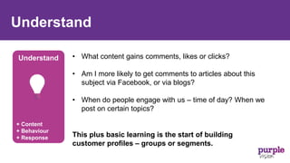 Understand
Understand
+ Content
+ Behaviour
+ Response
• What content gains comments, likes or clicks?
• Am I more likely to get comments to articles about this
subject via Facebook, or via blogs?
• When do people engage with us – time of day? When we
post on certain topics?
This plus basic learning is the start of building
customer profiles – groups or segments.
 