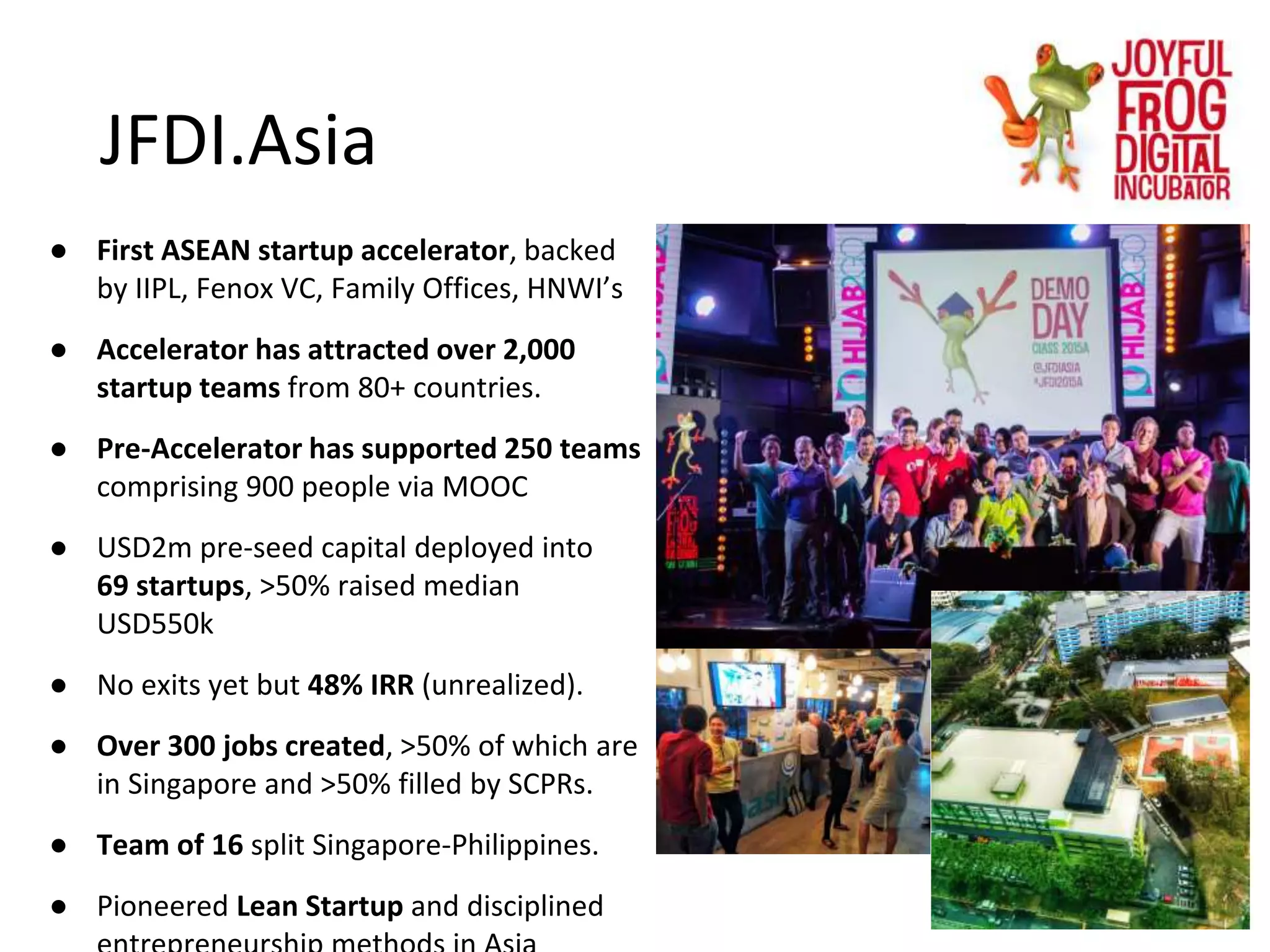 ● First ASEAN startup accelerator, backed
by IIPL, Fenox VC, Family Offices, HNWI’s
● Accelerator has attracted over 2,000
startup teams from 80+ countries.
● Pre-Accelerator has supported 250 teams
comprising 900 people via MOOC
● USD2m pre-seed capital deployed into
69 startups, >50% raised median
USD550k
● No exits yet but 48% IRR (unrealized).
● Over 300 jobs created, >50% of which are
in Singapore and >50% filled by SCPRs.
● Team of 16 split Singapore-Philippines.
● Pioneered Lean Startup and disciplined
JFDI.Asia
 