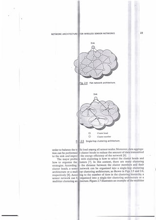 WIRELESS SENSOR NETWORKS
Sink
2.4 Flat network architecture.
@ Clusterhead
o cluster member
2.5 Single-hop clustering architecture'
:i
,
order to balance the
tion can be
to the sink and i
The major
how to organize t
strategies Accordi
cluster heads, a
architecture or a
respectively [8].
sensor network can
':
flc load aqlpng all sensor nodes. Moreon"r, s,u aggrega-
: cluster hiads to reduce the amount of datd'transmitted
the energy efficiency of the network [6]. f
with clustering is how to select the cluster heads and
rsters [7]. In this context, there are mariy clustering
the distance between the cluster members and their
organized into a single-tier clustering architecture or a
itecture.
Figure 2.7 illustrates an example of*he msltitier
** ,i;
multitier clustering
 