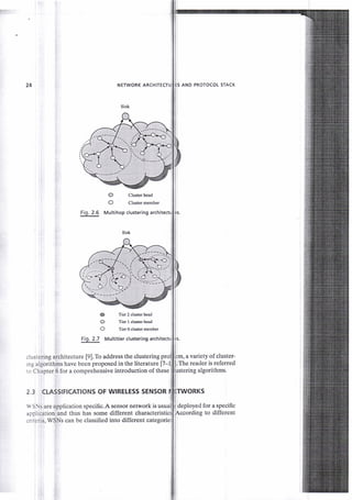 24
cnteria, WSNs can be classified into different
ng to different
NETWORK ,ARCHITECT AND PROTOCOL STACK
@ Clusterhead
O Cluster member
Fig. 2.5 Multihop clustering
Sink
(D Tier2 cluserhead
O Tier 1 clutcrhead
O Tier 0 cluster member
Fig. 2.7 Multitier clustering
clustering architecture [9].To address the clustering m, a variety of cluster-
rng algorithms have been proposed in the literature [7- iThe reader is referred
ro Chapter 6 for a comprehensive introduction of these g algorithms.
2,3 CTASSIFICATIONS OF WIRELESS SENSOR KS
 SNs are application specific.A sensor network is usua deployed for a specific
arlplication.and thus has some different characte
 