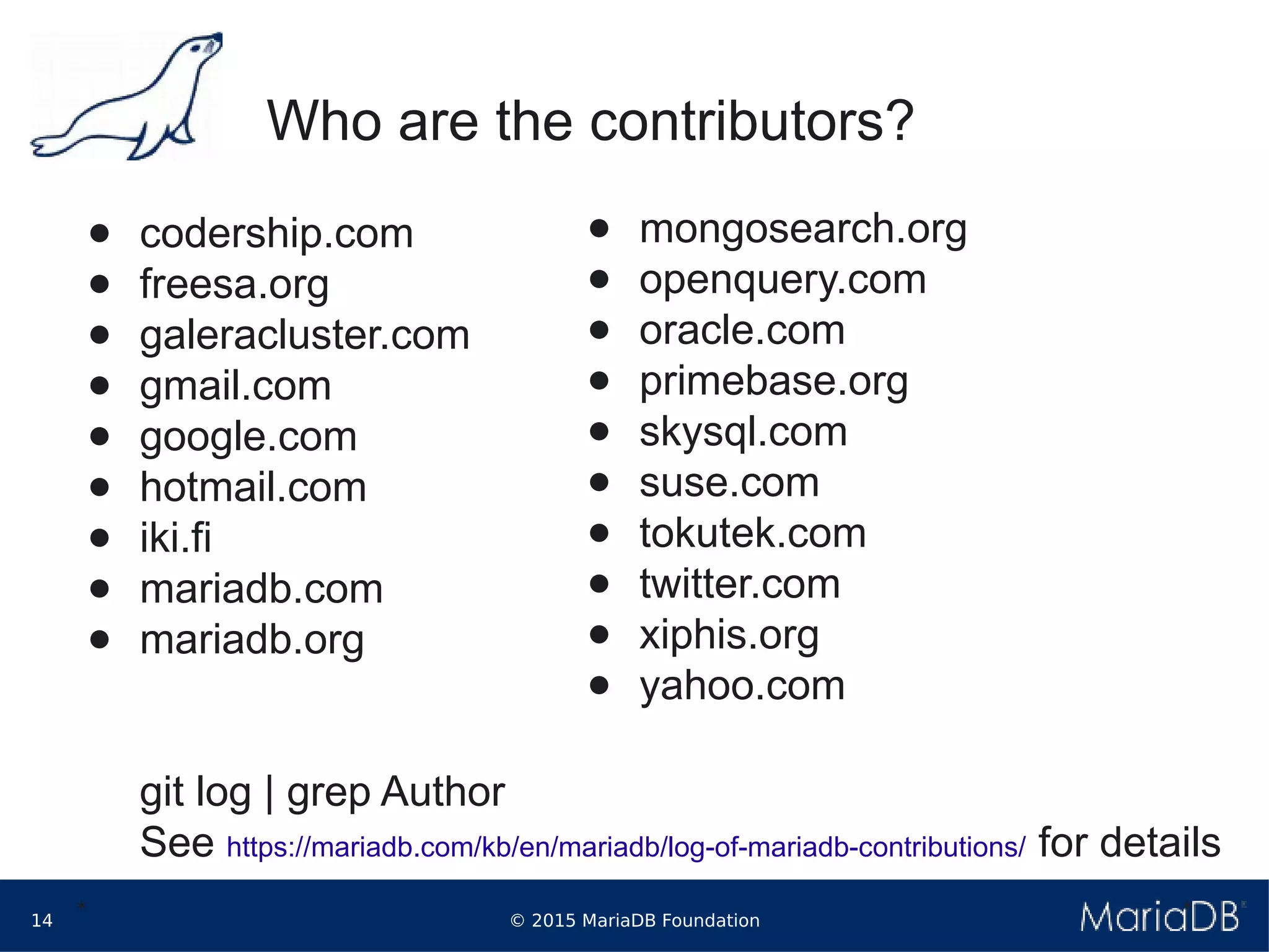 © 2015 MariaDB Foundation14
* *
Who are the contributors?
● codership.com
● freesa.org
● galeracluster.com
● gmail.com
● google.com
● hotmail.com
● iki.fi
● mariadb.com
● mariadb.org
git log | grep Author
See https://mariadb.com/kb/en/mariadb/log-of-mariadb-contributions/ for details
● mongosearch.org
● openquery.com
● oracle.com
● primebase.org
● skysql.com
● suse.com
● tokutek.com
● twitter.com
● xiphis.org
● yahoo.com
 