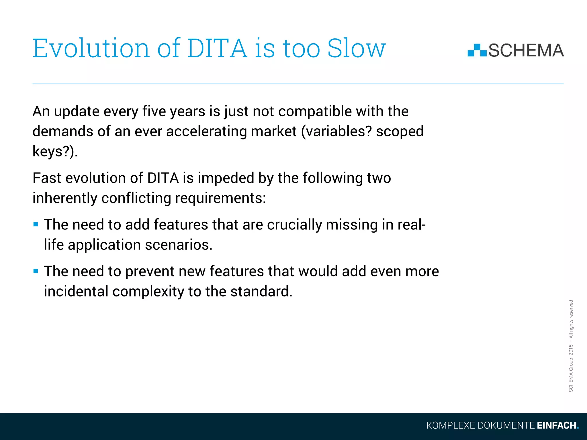 SCHEMAGroup2015–Allrightsreserved
Evolution of DITA is too Slow
An update every five years is just not compatible with the
demands of an ever accelerating market (variables? scoped
keys?).
Fast evolution of DITA is impeded by the following two
inherently conflicting requirements:
 The need to add features that are crucially missing in real-
life application scenarios.
 The need to prevent new features that would add even more
incidental complexity to the standard.
 