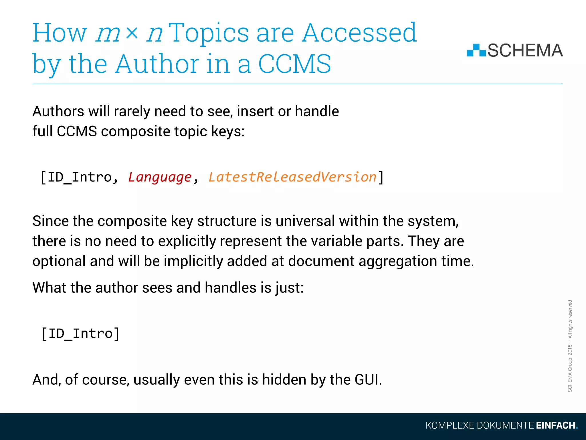 SCHEMAGroup2015–Allrightsreserved
How m × n Topics are Accessed
by the Author in a CCMS
Authors will rarely need to see, insert or handle
full CCMS composite topic keys:
[ID_Intro, Language, LatestReleasedVersion]
Since the composite key structure is universal within the system,
there is no need to explicitly represent the variable parts. They are
optional and will be implicitly added at document aggregation time.
What the author sees and handles is just:
[ID_Intro]
And, of course, usually even this is hidden by the GUI.
 