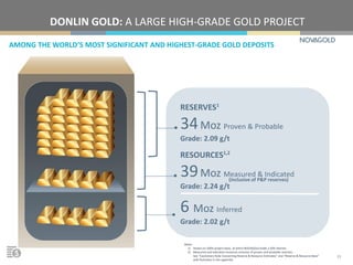 Notes:
1) Shown on 100% project basis, of which NOVAGOLD holds a 50% interest
2) Measured and indicated resources inclusive of proven and probable reserves.
See “Cautionary Note Concerning Reserve & Resource Estimates” and “Reserve & Resource Base”
with footnotes in the appendix.
RESERVES1
34Moz Proven & Probable
Grade: 2.09 g/t
RESOURCES1,2
39Moz Measured & Indicated
Grade: 2.24 g/t
6 Moz Inferred
Grade: 2.02 g/t
(inclusive of P&P reserves)
AMONG THE WORLD’S MOST SIGNIFICANT AND HIGHEST-GRADE GOLD DEPOSITS
13
DONLIN GOLD: A LARGE HIGH-GRADE GOLD PROJECT
 