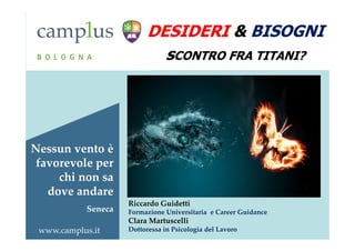 www.camplus.it
Riccardo Guidetti
Formazione Universitaria e Career Guidance
Clara Martuscelli
Dottoressa in Psicologia del Lavoro
DESIDERI & BISOGNI
sCONTRO FRA TITANI?
Nessun vento è
favorevole per
chi non sa
dove andare
Seneca
 