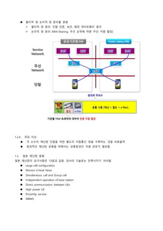  물리적 및 논리적 망 분리를 혼용
 물리적 망 분리: 단말 인증, 보안, 패킷 게이트웨이 분리
 논리적 망 분리: RAN Sharing, 우선 순위에 따른 무선 자원 할당]
1.2.4. 주요 이슈
 극 소수의 재난망 단말을 위한 별도의 이동통신 망을 구축하는 것을 비효율적
 효과적인 재난망 운용을 위해서는 상용망과의 자원 공유가 필요함.
1.3. 일본 재난망 동향
일본 재난망의 요구사항은 다음과 같음. 당사의 기술로는 만족시키기 어려움.
 Large cell configuration
 Mission Critical Voice
 Simultaneous call and Group call
 Independent operation of base station
 Direct communication between UEs
 High power UE
 Proximity service
 MBMS
 