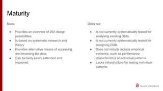 Maturity
Does
● Provides an overview of DUI design
possibilities.
● Is based on systematic research and
theory.
● Provides...