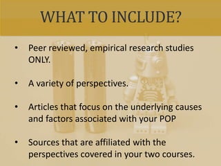 WHAT TO INCLUDE?
• Peer reviewed, empirical research studies
ONLY.
• A variety of perspectives.
• Articles that focus on the underlying causes
and factors associated with your POP
• Sources that are affiliated with the
perspectives covered in your two courses.
 